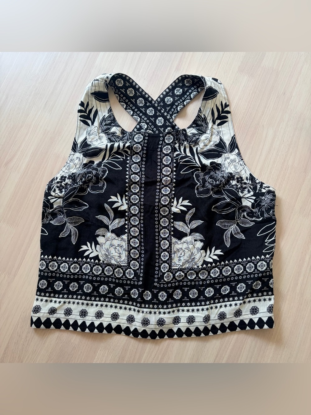 Black & Cream Floral Crossback Tank Top Blouse Rose+Olive NWT Sz M